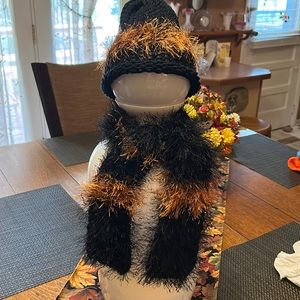 Beautiful Girls handmade knit striped black and burnt orange hat and scarf, NWOT